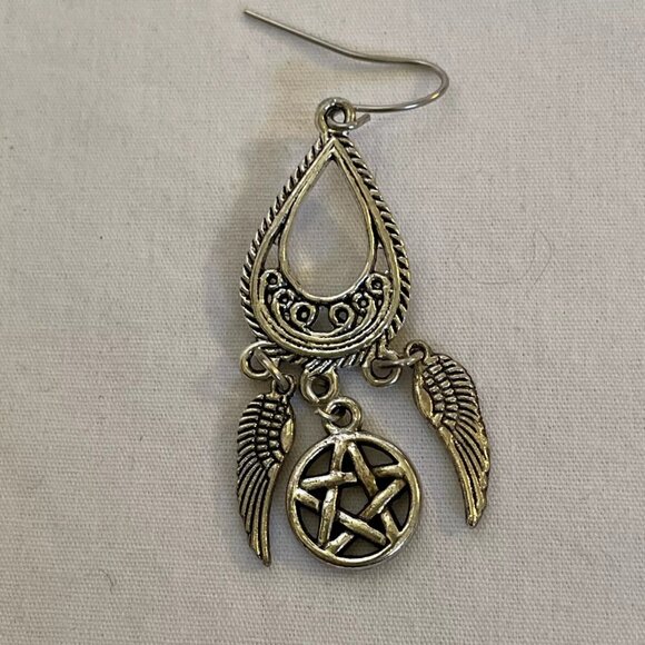 Teardrop Dangle Angel Wings Pentagram Star 925 Necklace 18" Matching Earrings - Picture 13 of 14